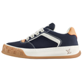 Louis Vuitton LV Ollie Deep Navy Blue Suede & Off-White Leather Curved V-Stripe Caramel Heel Accent Gum Checkered Sole Low-Top Sneakers – Navy, Cream & Caramel