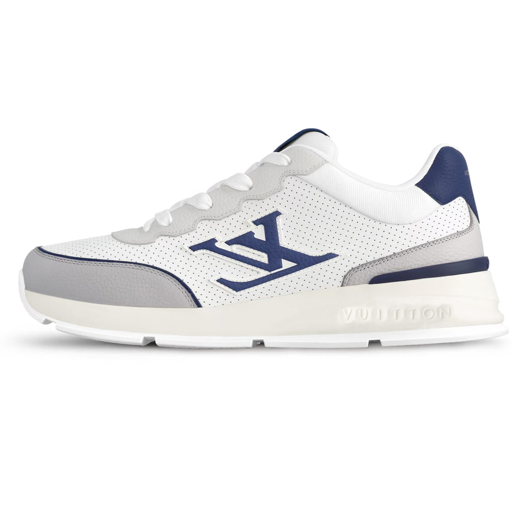 Louis Vuitton LV Runner White Perforated Leather & Grey Suede Oversized Deep Navy Blue LV Logo Athletic Low-Top Sneakers – White, Grey & Navy