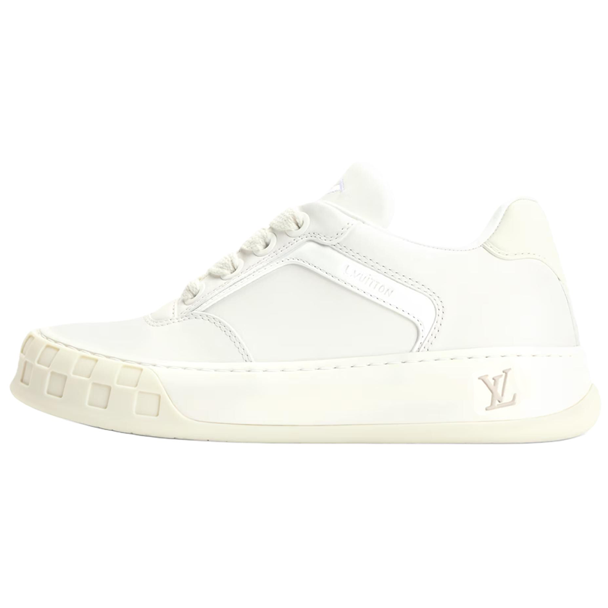 Louis Vuitton LV Ollie Triple White Smooth Calf Leather Tonal V-Stripe White Damier-Inspired Checkered Sole Low-Top Sneakers – All White