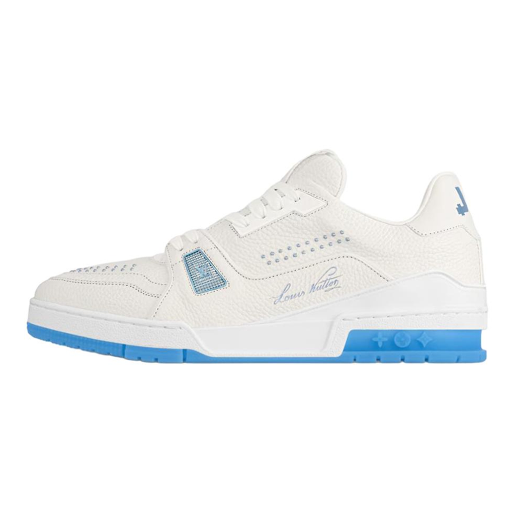 Louis Vuitton Trainer White Smooth Leather Silver Stud Embellishment & Sky Blue Diamond Mesh Low-Top Sneakers – White & Sky Blue
