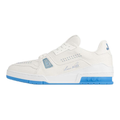 Louis Vuitton Trainer White Smooth Leather Silver Stud Embellishment & Sky Blue Diamond Mesh Low-Top Sneakers – White & Sky Blue