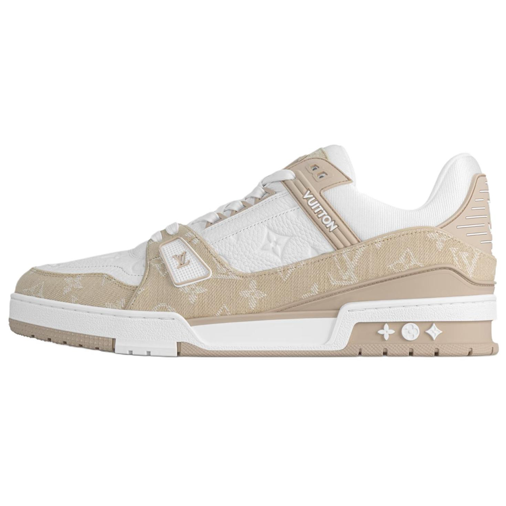 Louis Vuitton Trainer Monogram Denim Canvas & Smooth Leather Low-Top Sneakers – Beige & White