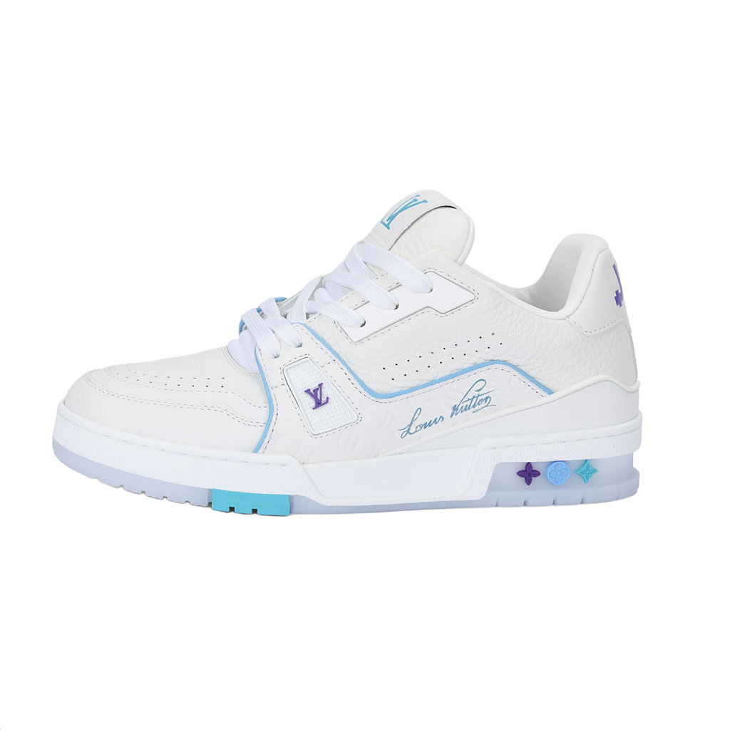 Louis Vuitton Trainer Shanghai Cruise Limited Edition White Grained Leather Ice Blue Piping & Violet Badge Cyan-Purple Sole Low-Top Sneakers – White, Ice Blue & Violet