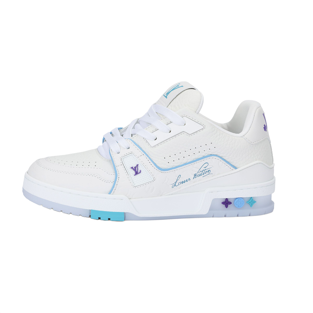 Louis Vuitton Trainer Shanghai Cruise Limited Edition White Grained Leather Ice Blue Piping & Violet Badge Cyan-Purple Sole Low-Top Sneakers – White, Ice Blue & Violet