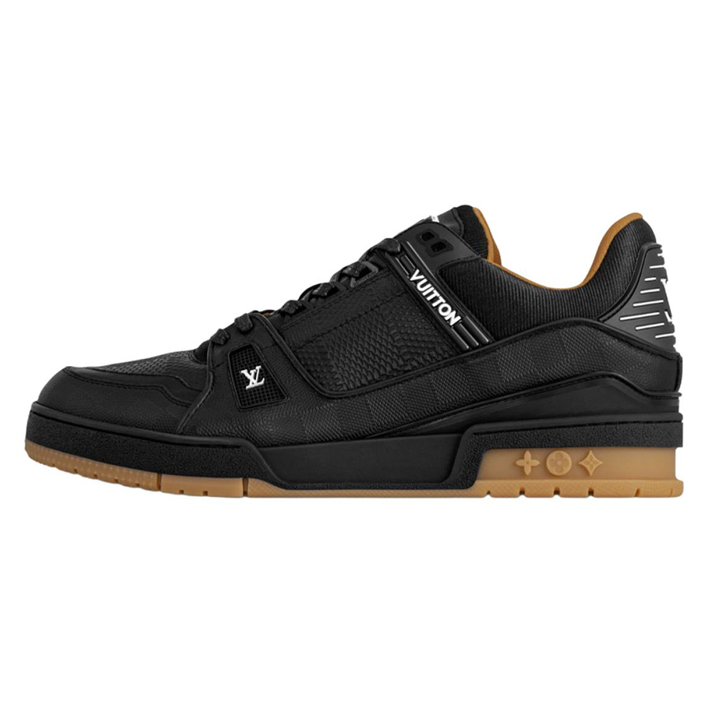 Louis Vuitton Trainer Tonal Black LV Monogram Embossed Leather & Gum Sole Low-Top Sneakers – Black & Caramel
