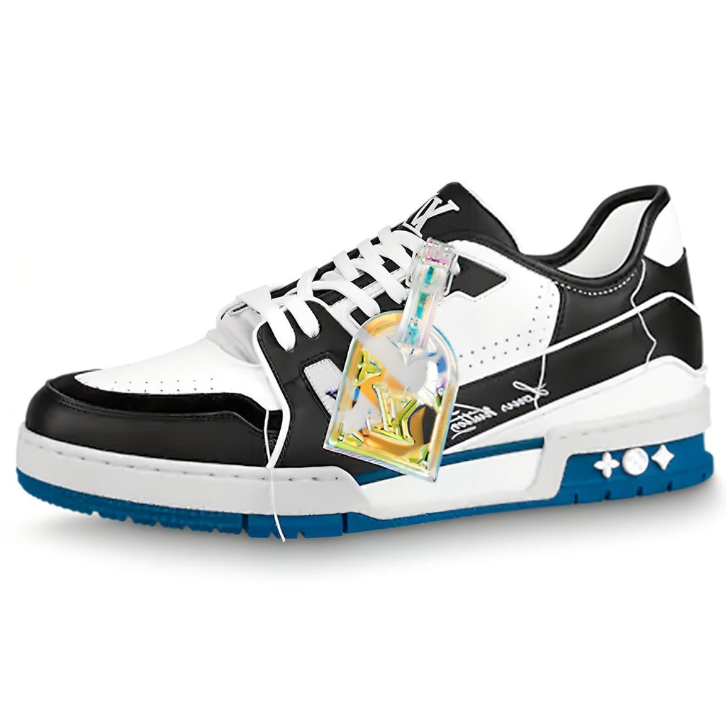 Louis Vuitton Trainer Leather Low-Top Sneakers – White, Black & Cobalt Blue with LV Holographic Charm