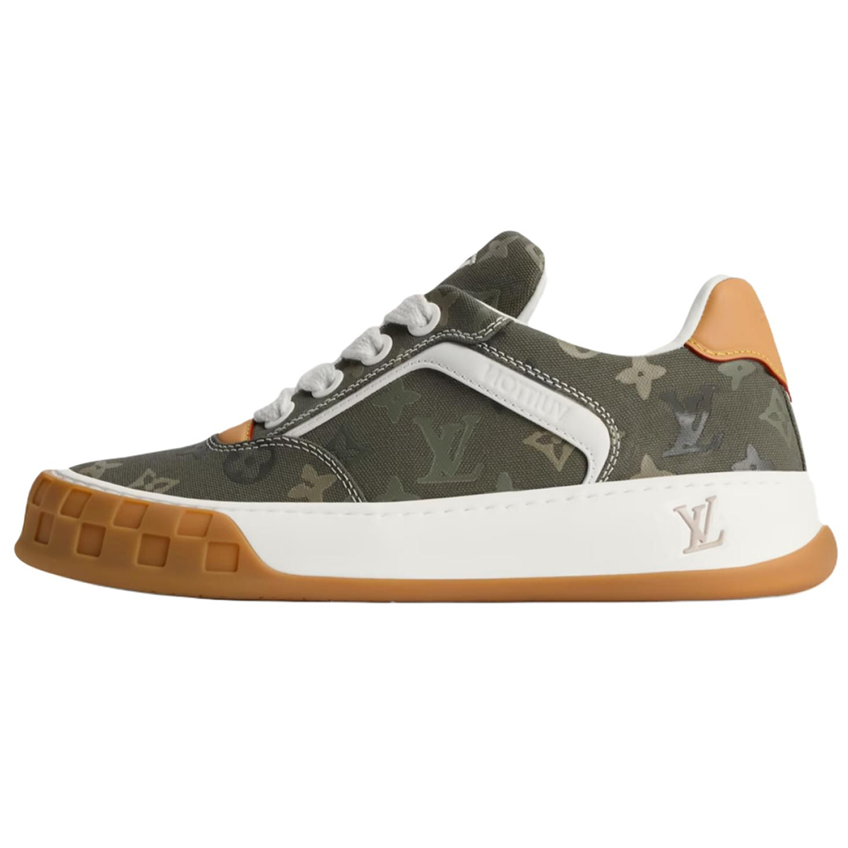 Louis Vuitton LV Ollie Khaki Military Olive Tonal Monogram Canvas White Leather V-Stripe Caramel Tan Heel Accent Gum Sole Low-Top Sneakers – Khaki Monogram & Caramel