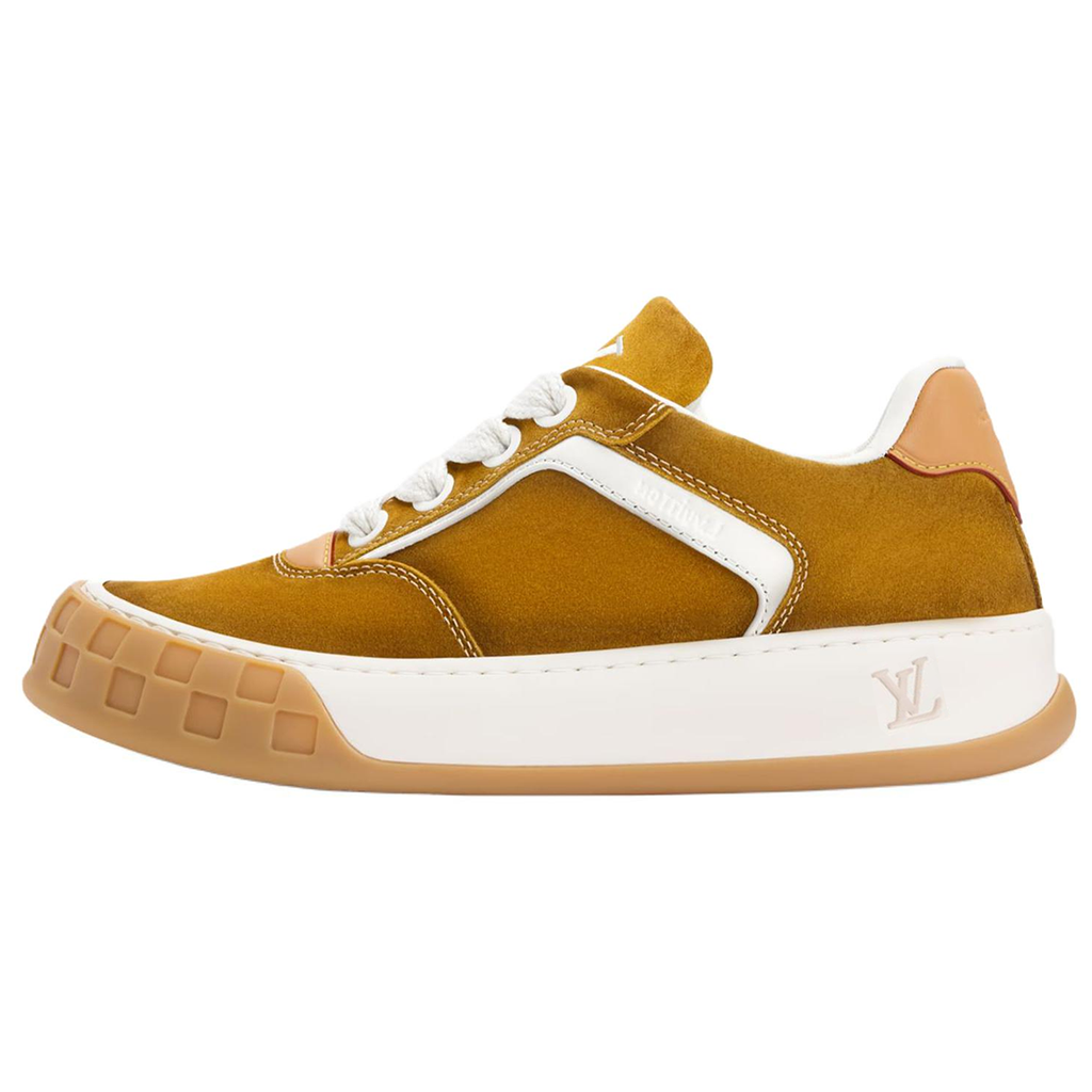 Louis Vuitton LV Ollie Honey Gold Mustard Suede & White Leather Curved V-Stripe Desert Tan Heel Accent Gum Checkered Sole Low-Top Sneakers – Honey Gold, White & Caramel