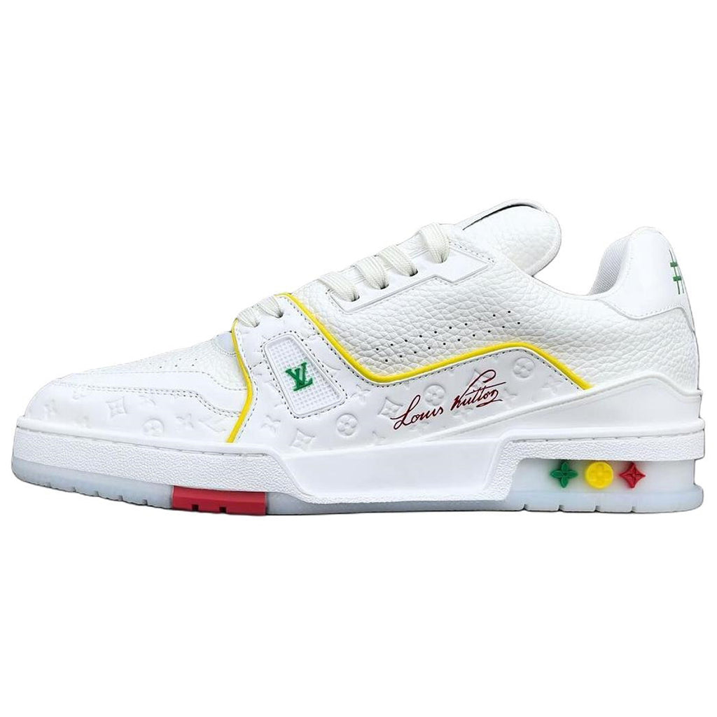 Louis Vuitton Trainer Shanghai Cruise Limited Edition White Grained Leather Yellow Piping & Tricolour Sole Low-Top Sneakers – White, Yellow, Green & Red