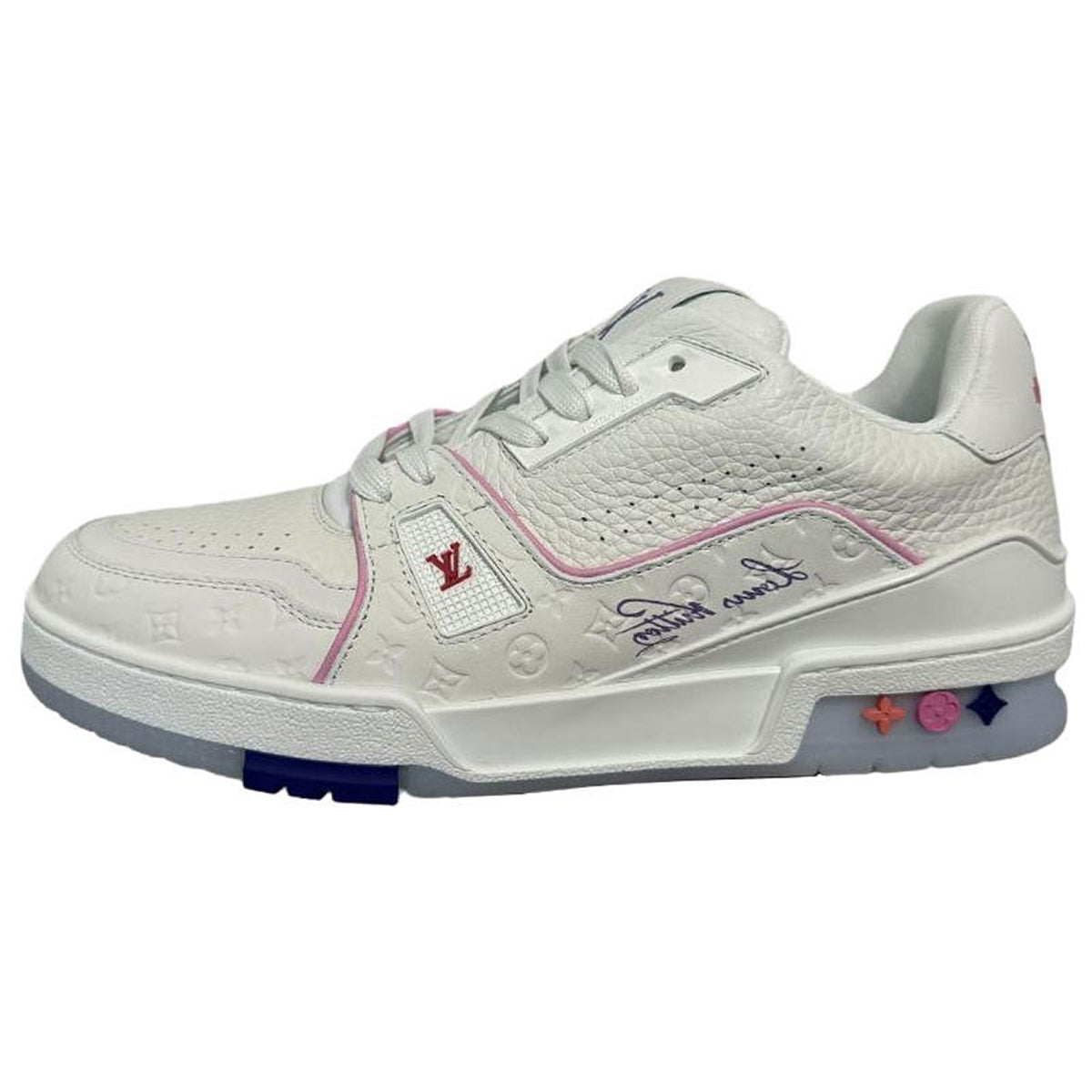 Louis Vuitton Trainer Shanghai Cruise Exclusive White Grained Leather LV Monogram Embossed Low-Top Sneakers – White, Rose Pink & Ice Blue