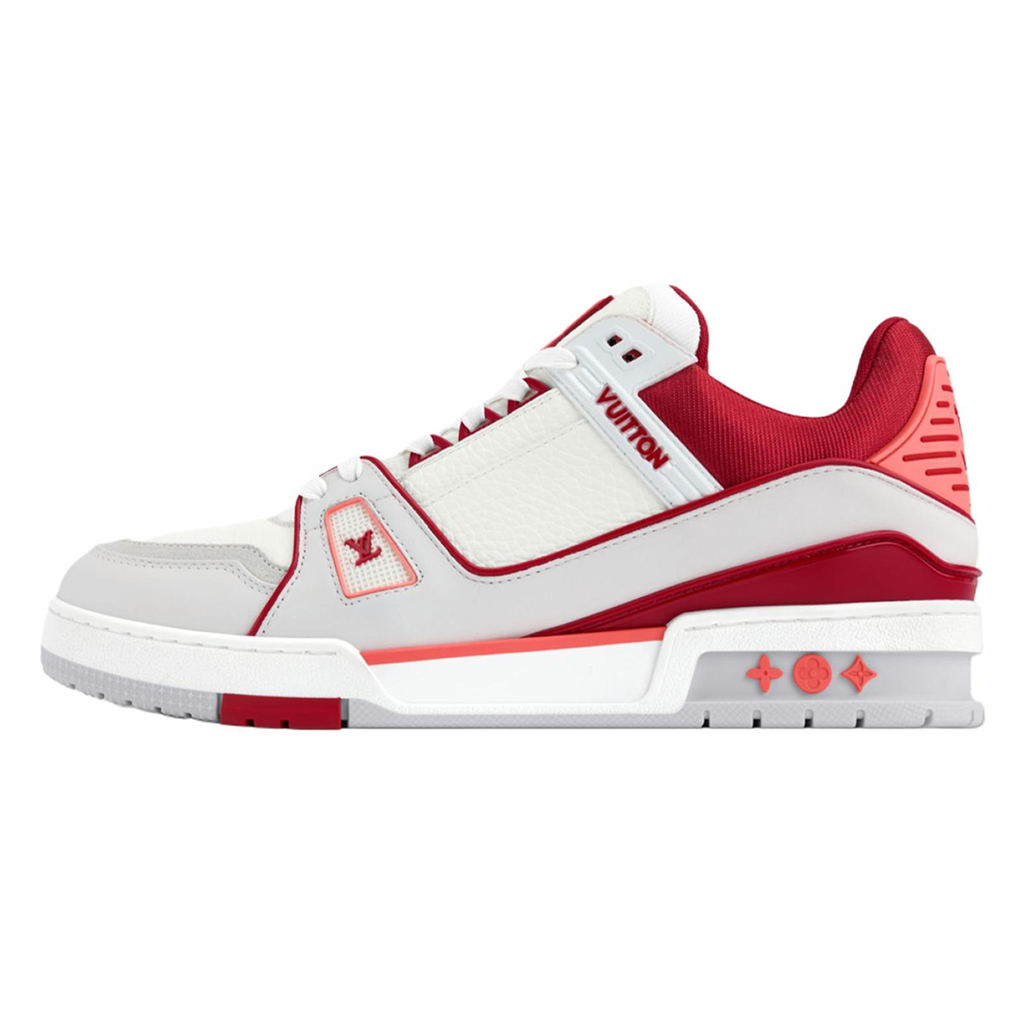 Louis Vuitton Trainer Crimson Red Ribbed Textile & White Leather Three-Tone Low-Top Sneakers – Red, White & Grey