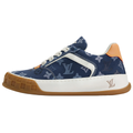 Louis Vuitton LV Ollie Navy Blue Tonal Monogram Canvas White Leather V-Stripe Orange Heel Accent Caramel Gum Sole Low-Top Sneakers – Navy Monogram & Orange