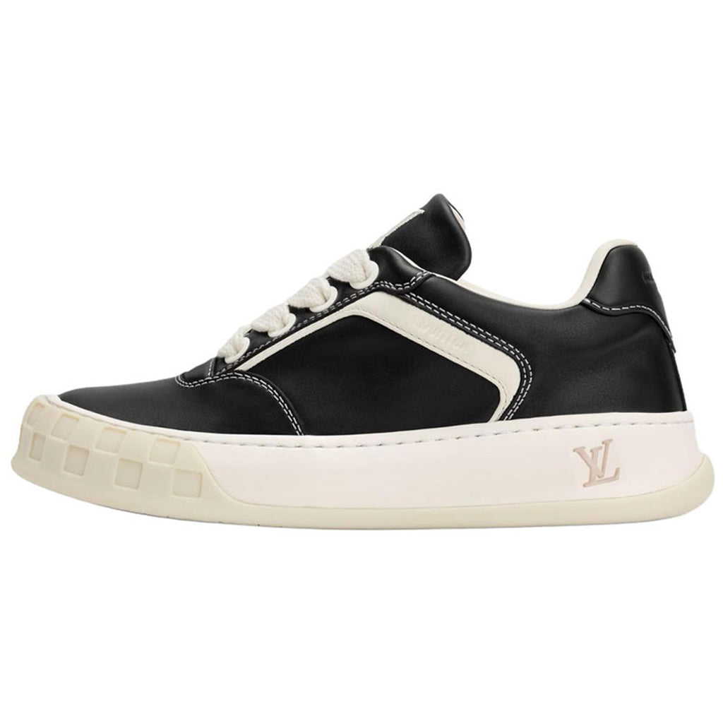Louis Vuitton LV Ollie Black Smooth Calf Leather & Off-White Leather Curved V-Stripe Cream Heel Accent Off-White Checkered Sole Low-Top Sneakers – Black & Cream