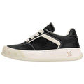 Louis Vuitton LV Ollie Black Smooth Calf Leather & Off-White Leather Curved V-Stripe Cream Heel Accent Off-White Checkered Sole Low-Top Sneakers – Black & Cream