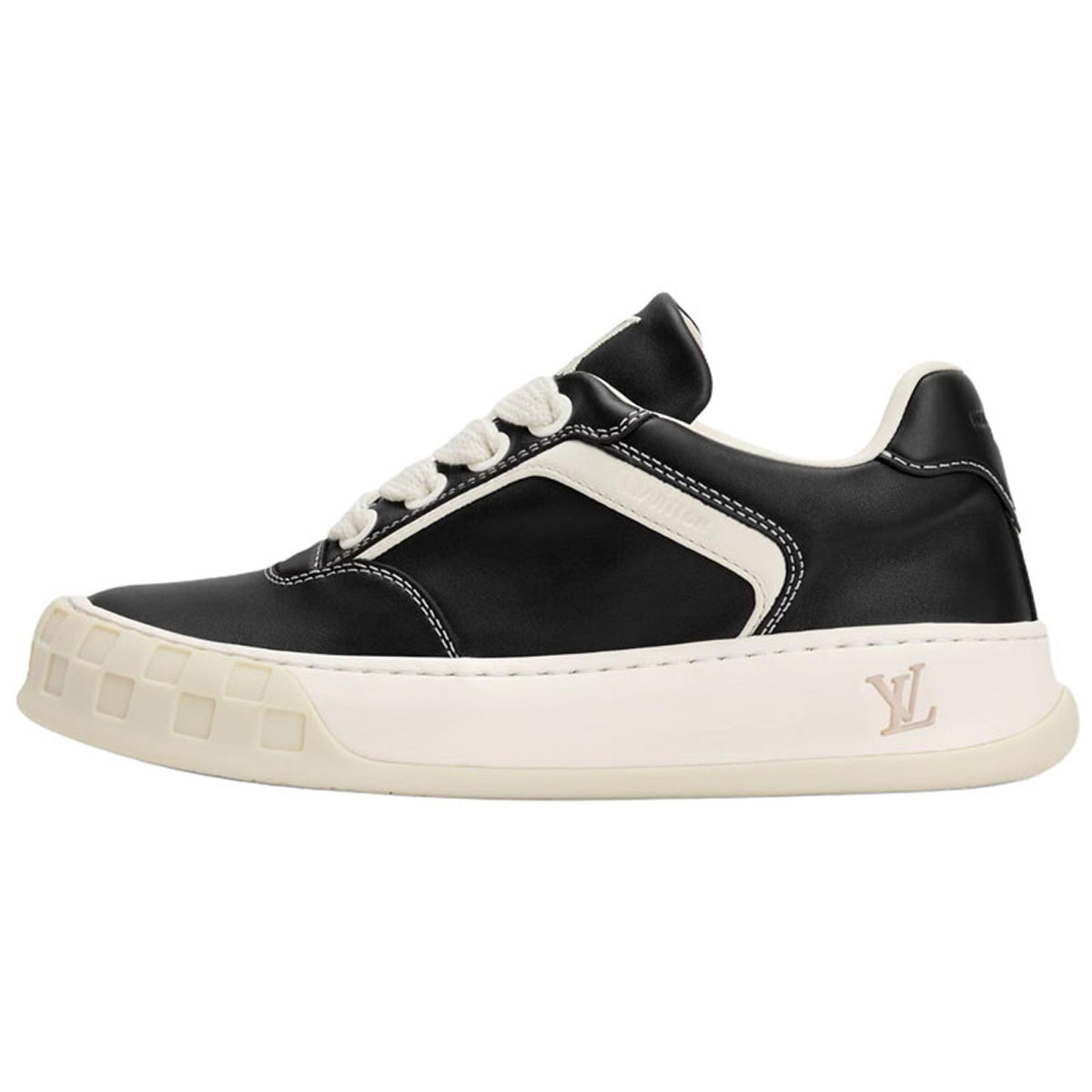 Louis Vuitton LV Ollie Black Smooth Calf Leather & Off-White Leather Curved V-Stripe Cream Heel Accent Off-White Checkered Sole Low-Top Sneakers – Black & Cream