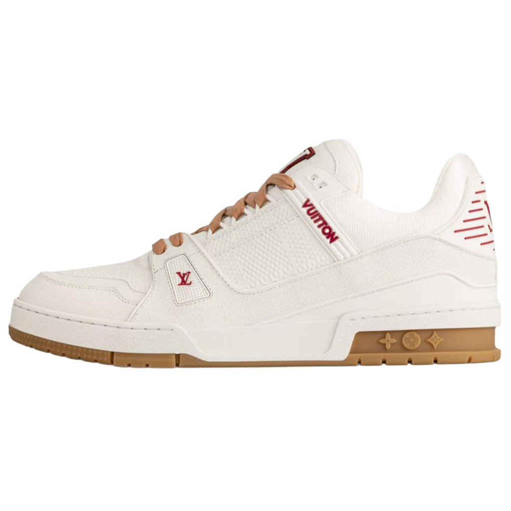 Louis Vuitton Trainer Cream Grained Leather Burgundy Accents & Honey Gum Sole Low-Top Sneakers – Cream, Burgundy & Caramel