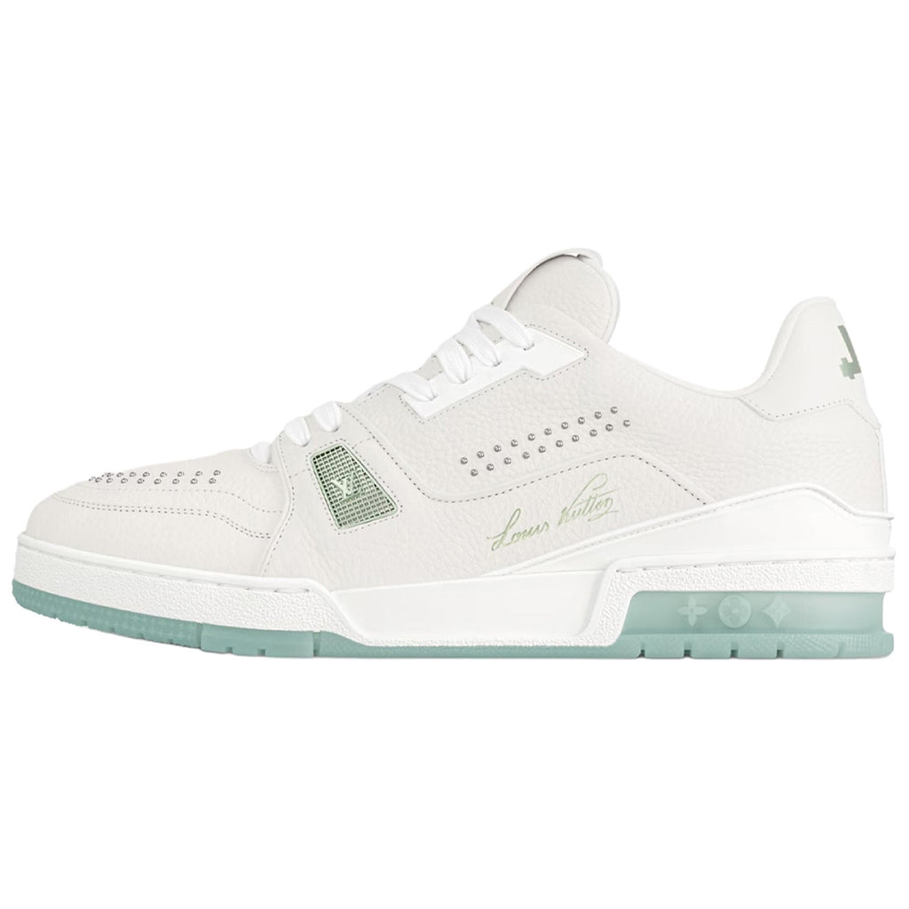 Louis Vuitton Trainer White Smooth Leather Silver Stud Embellishment & Sage Green Diamond Mesh Low-Top Sneakers – White & Sage Green
