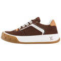 Louis Vuitton LV Ollie Deep Chocolate Brown Suede & White Leather Curved V-Stripe Caramel Tan Heel Accent Gum Checkered Sole Low-Top Sneakers – Chocolate Brown, White & Caramel