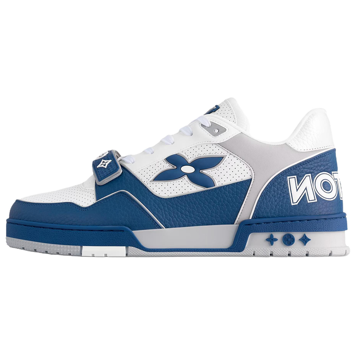 Louis Vuitton Trainer Velcro Strap Oversized LV Flower Perforated & Embossed Leather Low-Top Sneakers – Royal Blue, White & Grey