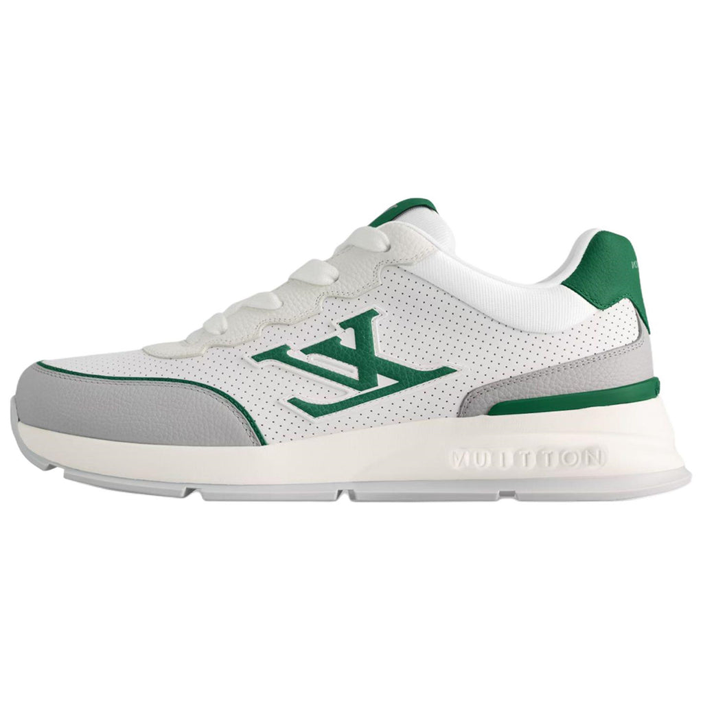 Louis Vuitton LV Runner White Perforated Leather & Grey Suede Oversized Green LV Logo Athletic Low-Top Sneakers – White, Grey & Forest Green
