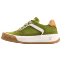 Louis Vuitton LV Ollie Olive Green Suede & White Leather Curved V-Stripe Caramel Tan Heel Accent Gum Checkered Sole Low-Top Sneakers – Olive Green, White & Caramel
