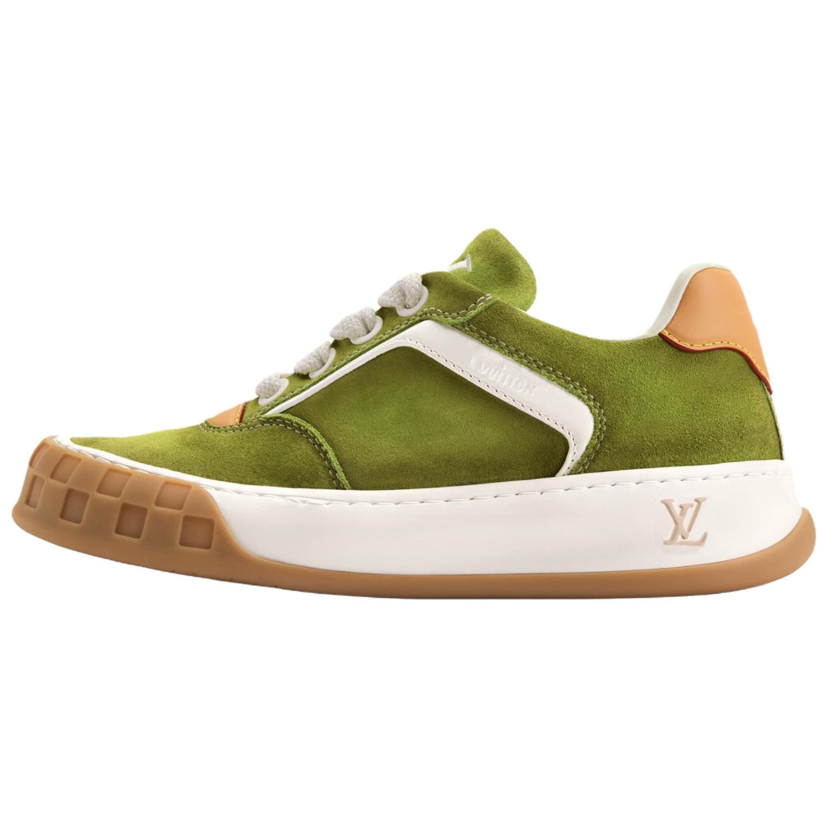 Louis Vuitton LV Ollie Olive Green Suede & White Leather Curved V-Stripe Caramel Tan Heel Accent Gum Checkered Sole Low-Top Sneakers – Olive Green, White & Caramel
