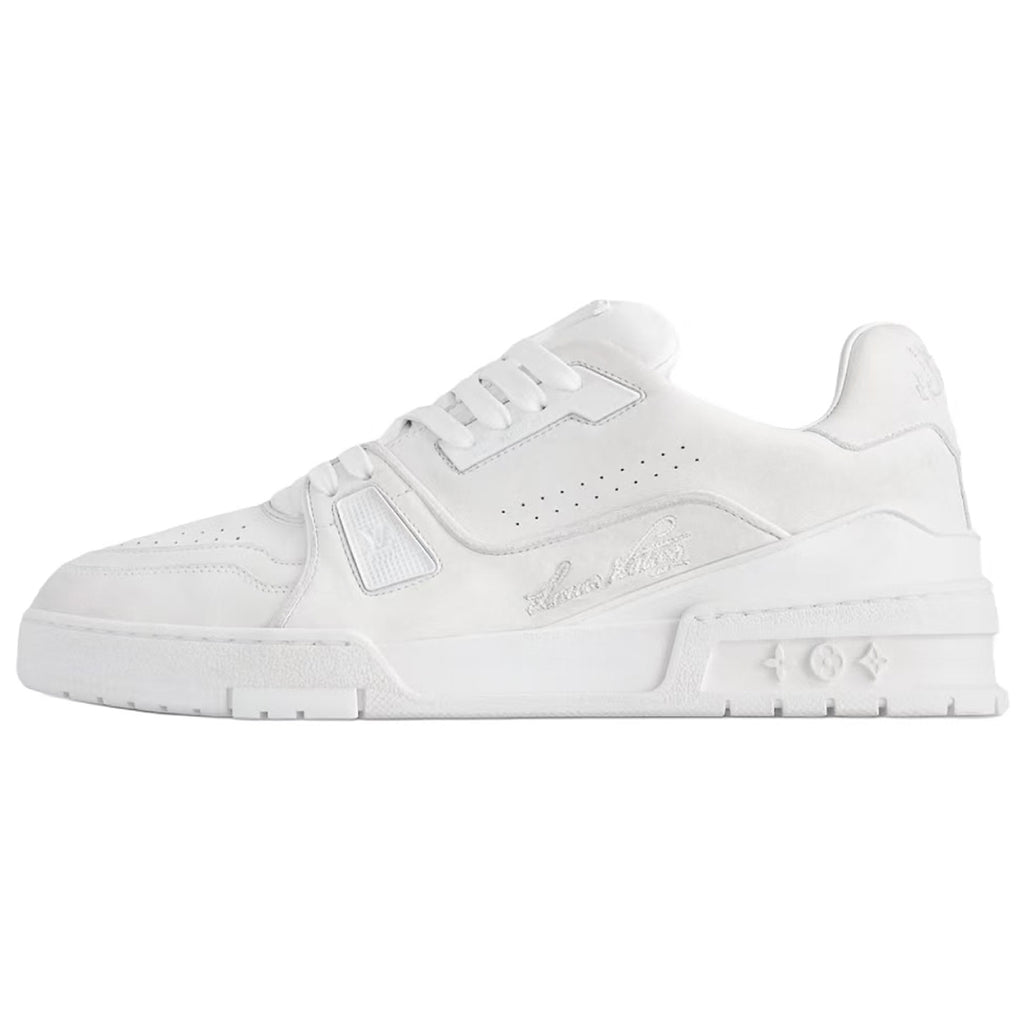 Louis Vuitton Trainer Vintage-Effect Calf Leather Tonal Low-Top Sneakers – Triple White