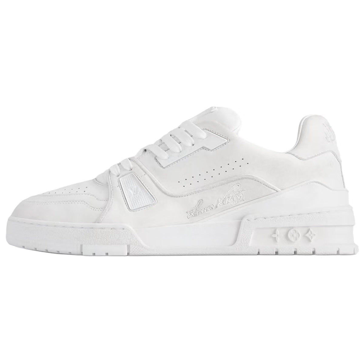 Louis Vuitton Trainer Vintage-Effect Calf Leather Tonal Low-Top Sneakers – Triple White