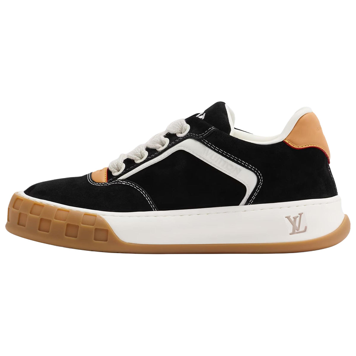 Louis Vuitton LV Ollie Black Suede & White Leather Curved V-Stripe Caramel Heel Accent Gum Checkered Sole Low-Top Sneakers – Black, White & Caramel