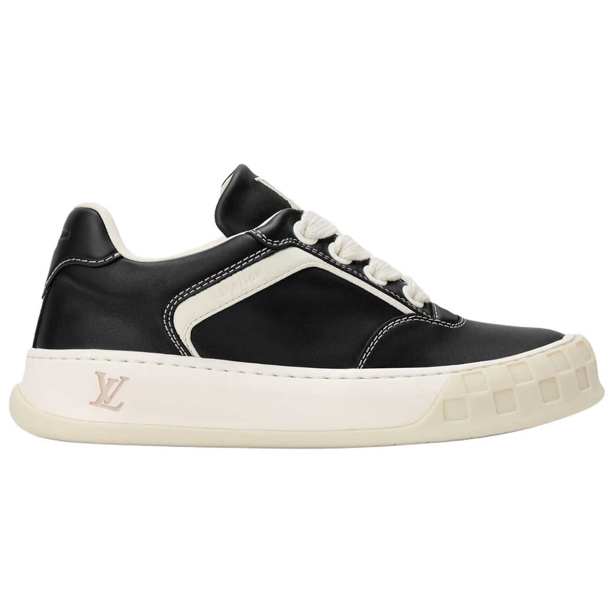 Louis Vuitton LV Ollie Black Smooth Calf Leather & Off-White Leather Curved V-Stripe Cream Heel Accent Off-White Checkered Sole Low-Top Sneakers – Black & Cream