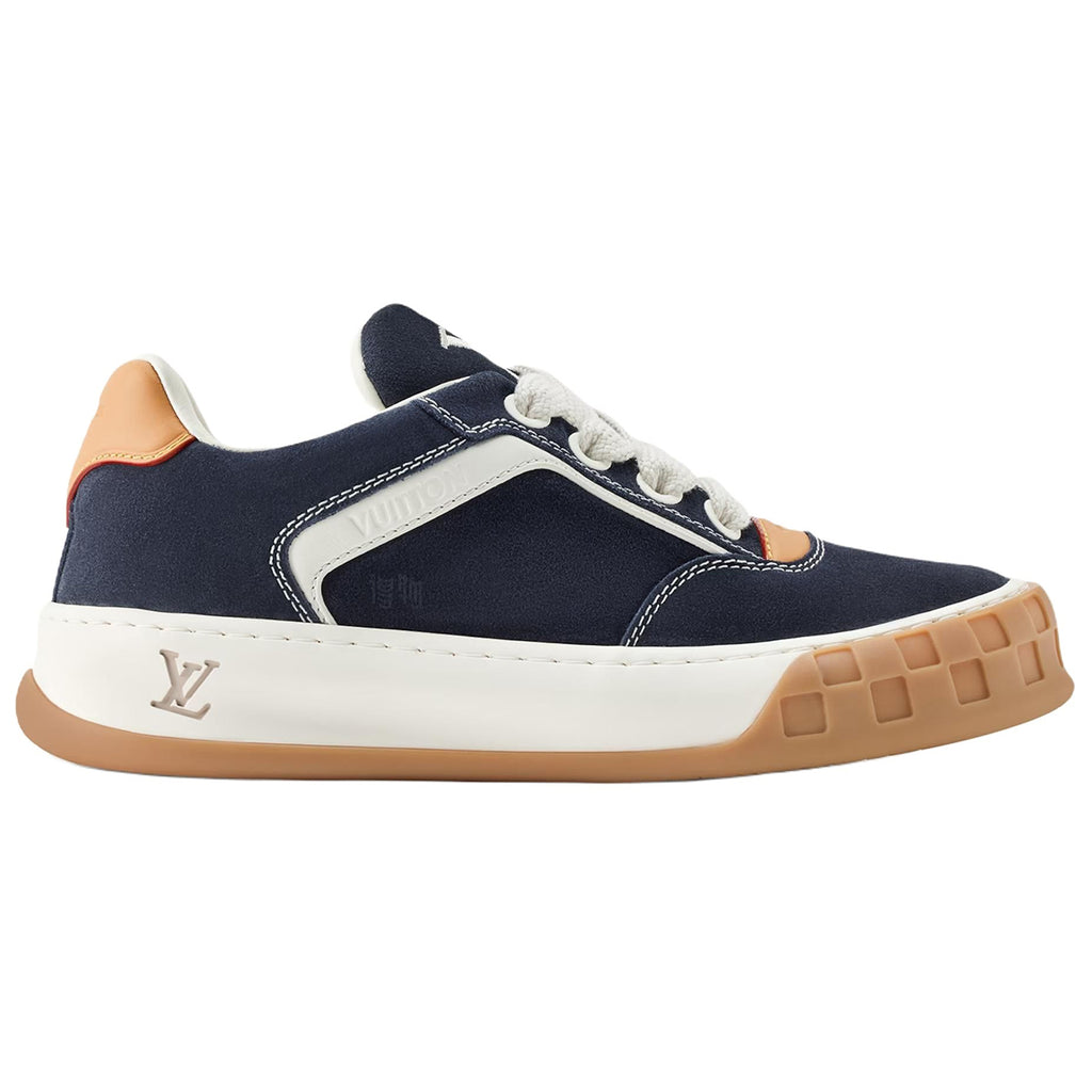 Louis Vuitton LV Ollie Deep Navy Blue Suede & Off-White Leather Curved V-Stripe Caramel Heel Accent Gum Checkered Sole Low-Top Sneakers – Navy, Cream & Caramel