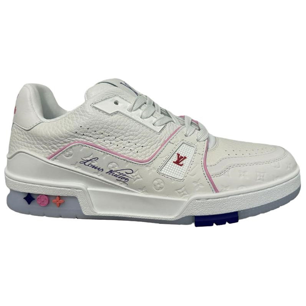 Louis Vuitton Trainer Shanghai Cruise Exclusive White Grained Leather LV Monogram Embossed Low-Top Sneakers – White, Rose Pink & Ice Blue