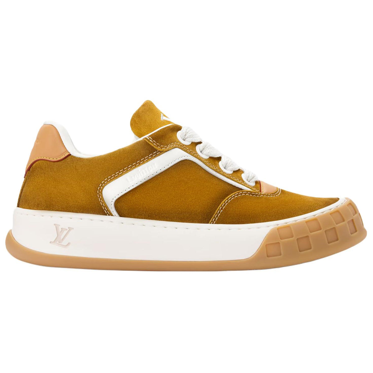 Louis Vuitton LV Ollie Honey Gold Mustard Suede & White Leather Curved V-Stripe Desert Tan Heel Accent Gum Checkered Sole Low-Top Sneakers – Honey Gold, White & Caramel
