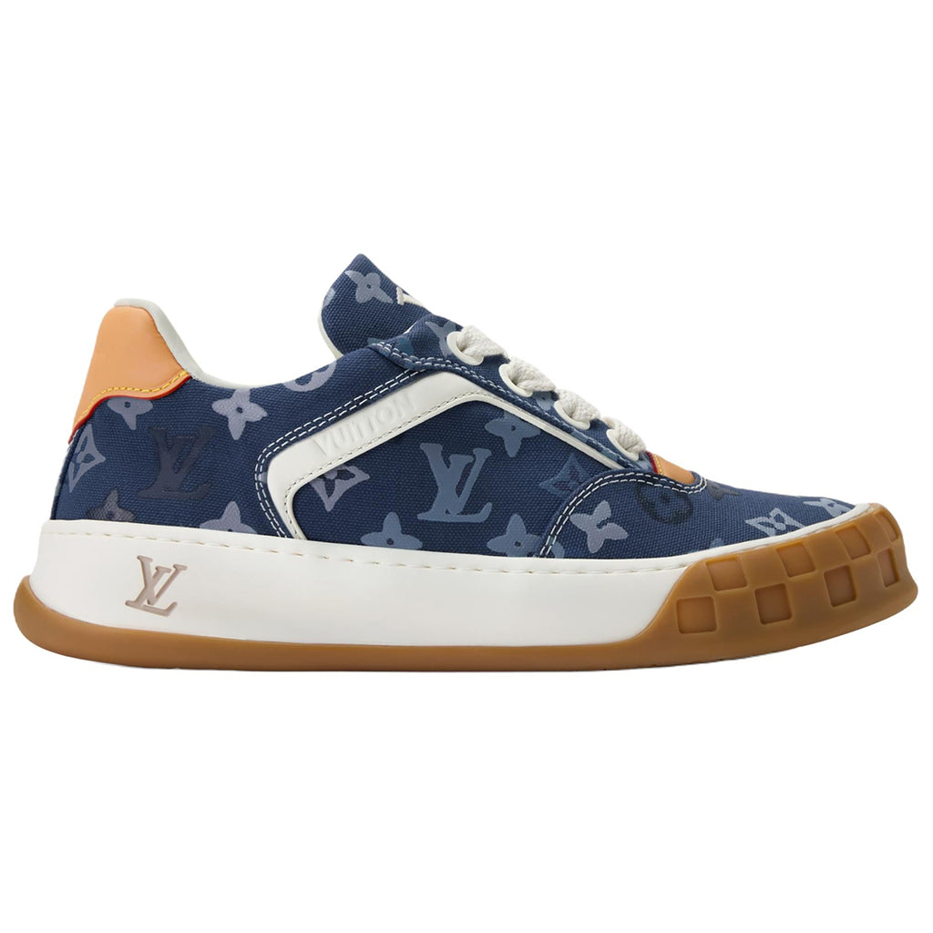 Louis Vuitton LV Ollie Navy Blue Tonal Monogram Canvas White Leather V-Stripe Orange Heel Accent Caramel Gum Sole Low-Top Sneakers – Navy Monogram & Orange