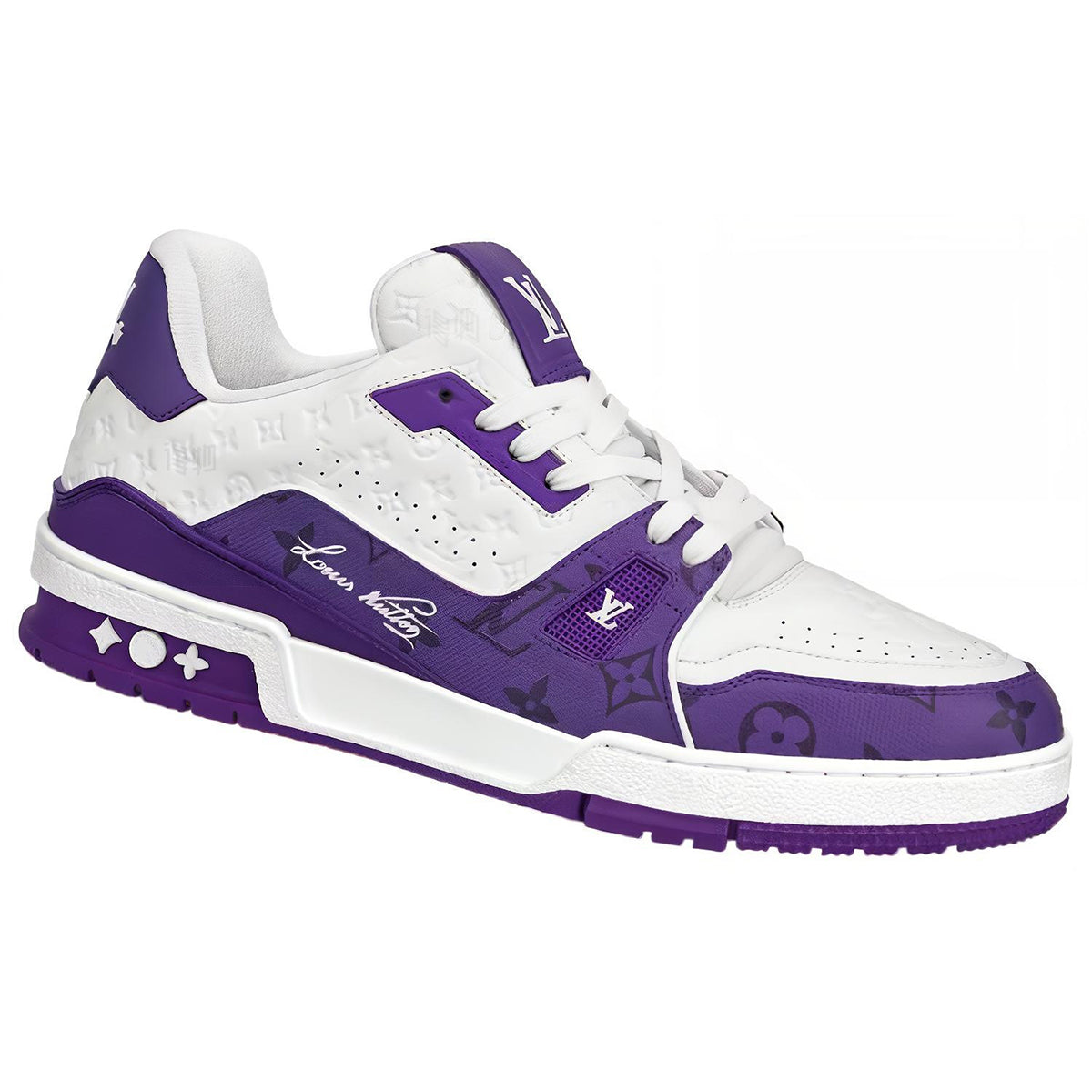 Louis Vuitton Trainer LV Monogram Embossed Leather Low-Top Sneakers – White & Purple