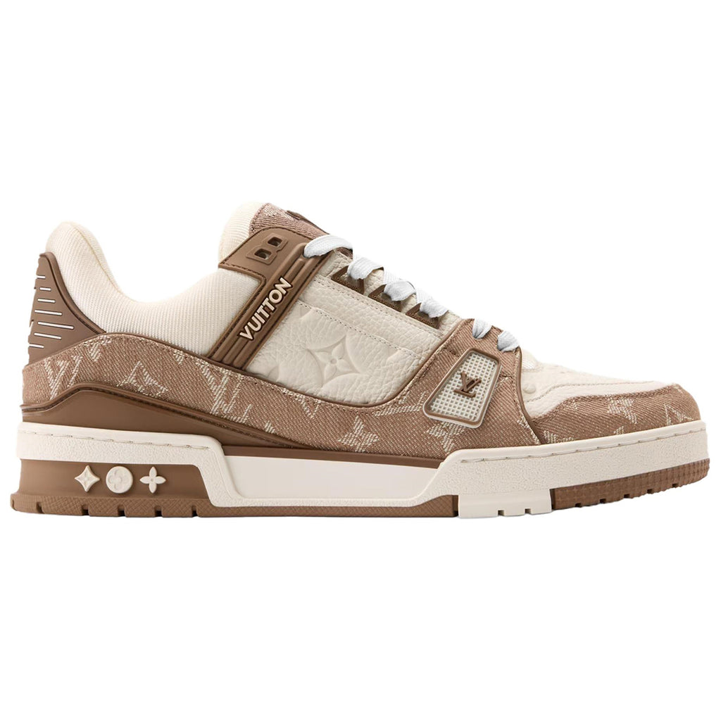 Louis Vuitton Trainer Mocha Monogram Jacquard Denim & Cream Embossed Monogram Leather Overlay Platform Low-Top Sneakers – Mocha, Cream & Brown