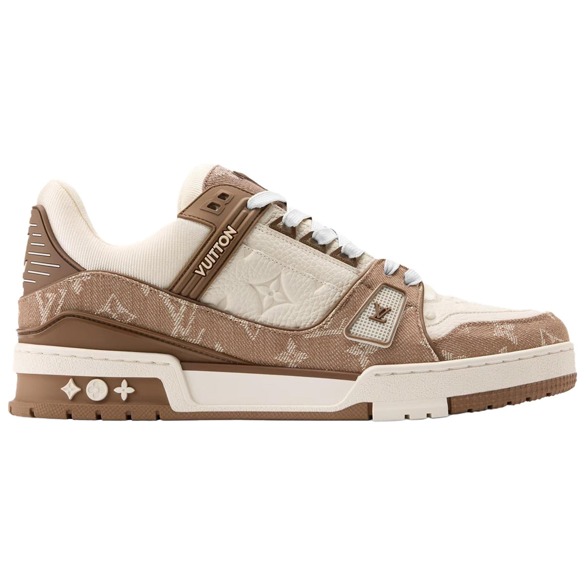 Louis Vuitton Trainer Mocha Monogram Jacquard Denim & Cream Embossed Monogram Leather Overlay Platform Low-Top Sneakers – Mocha, Cream & Brown