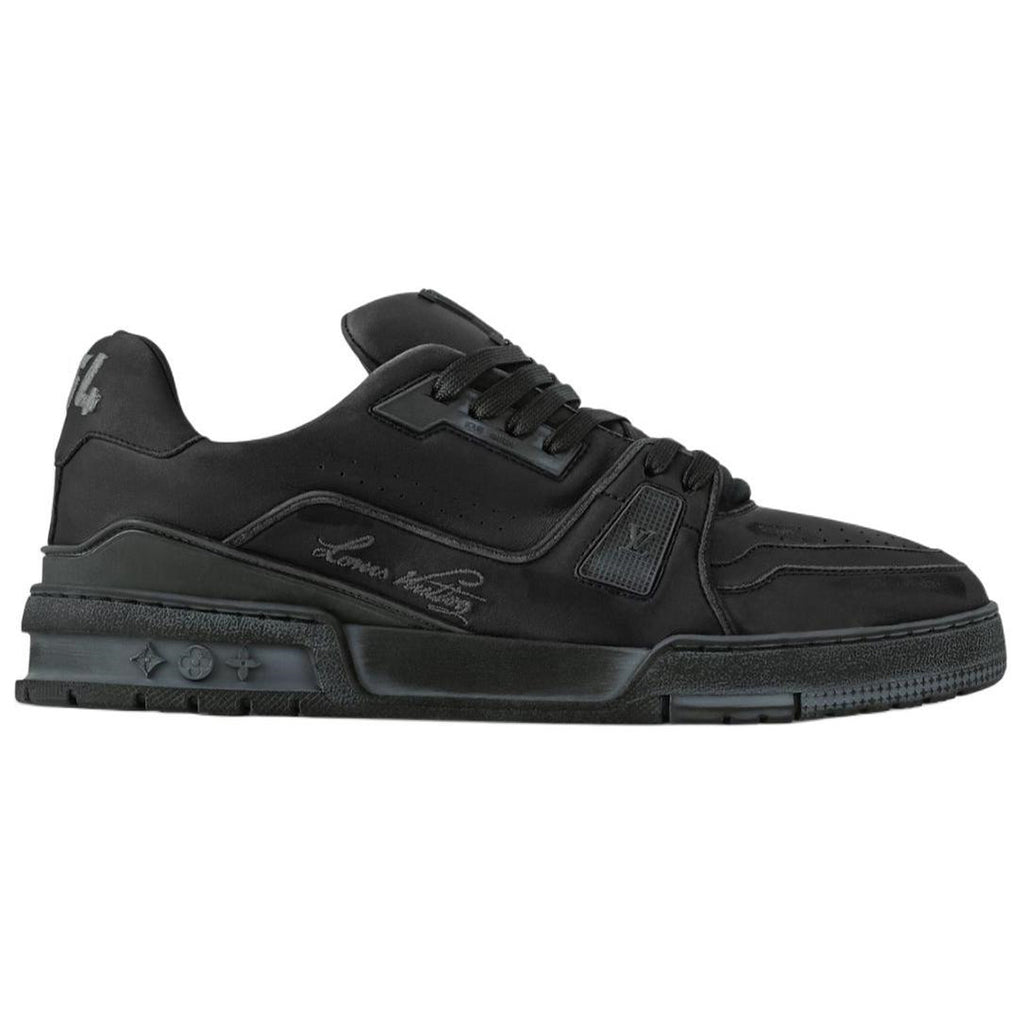 Louis Vuitton Trainer Vintage-Effect Calf Leather Tonal Low-Top Sneakers – Triple Black