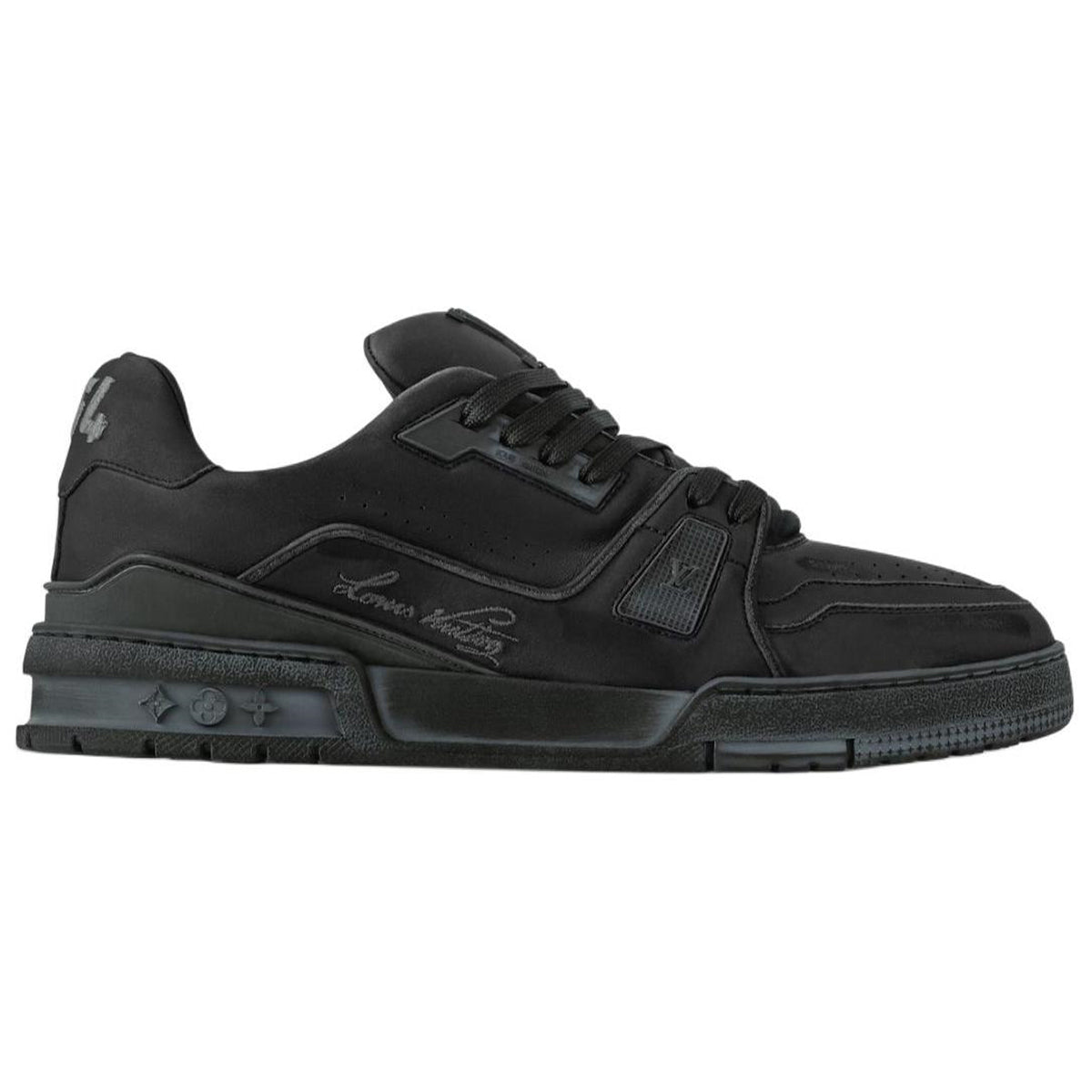 Louis Vuitton Trainer Vintage-Effect Calf Leather Tonal Low-Top Sneakers – Triple Black
