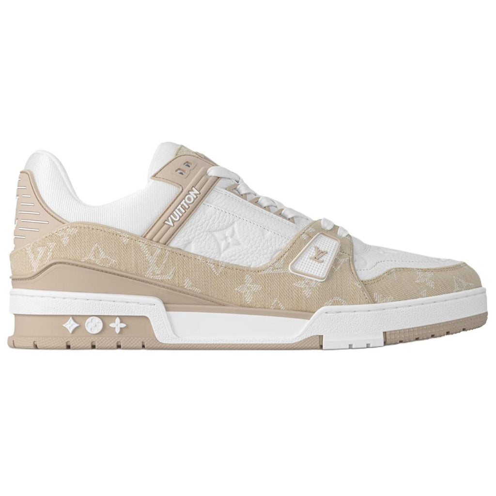 Louis Vuitton Trainer Monogram Denim Canvas & Smooth Leather Low-Top Sneakers – Beige & White