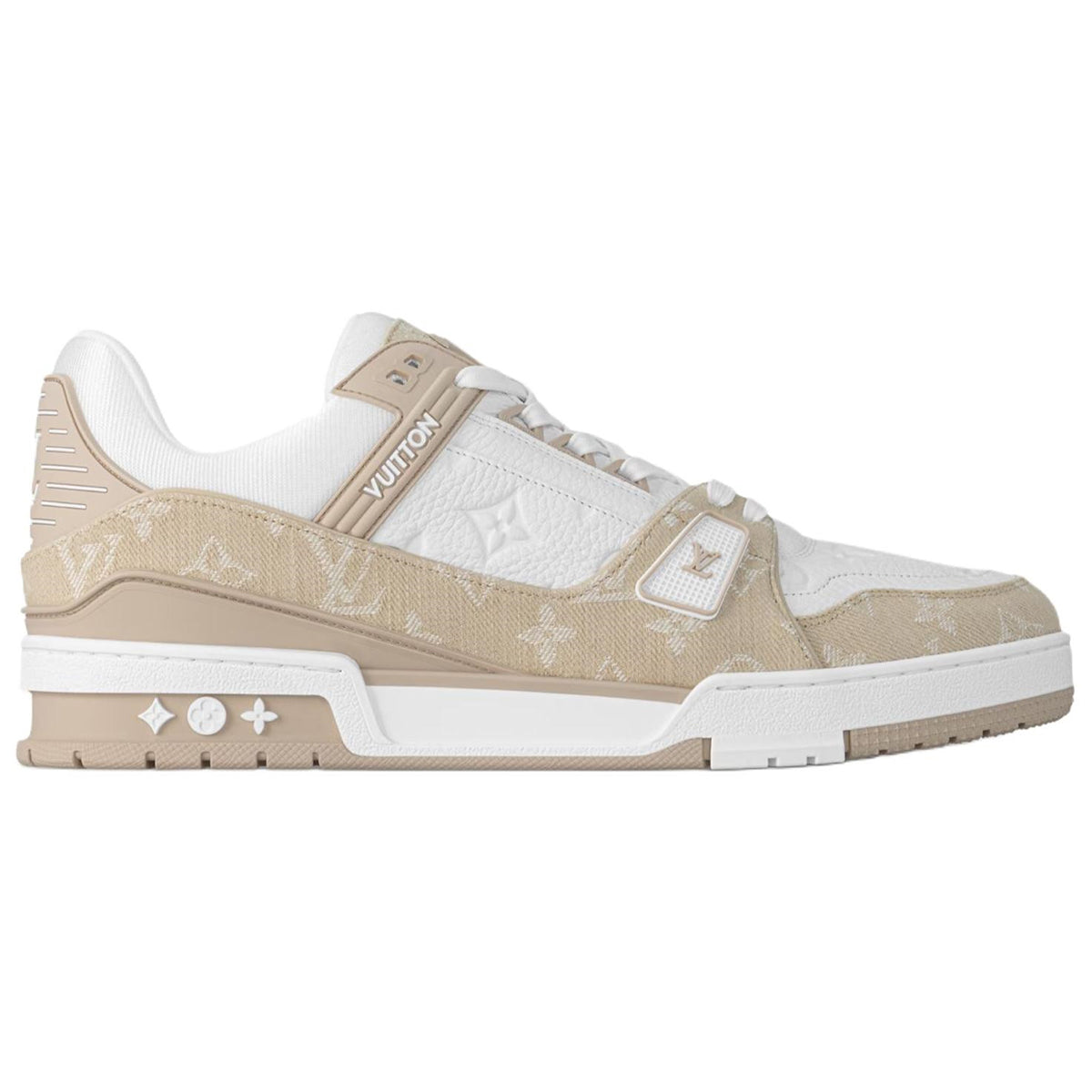 Louis Vuitton Trainer Monogram Denim Canvas & Smooth Leather Low-Top Sneakers – Beige & White