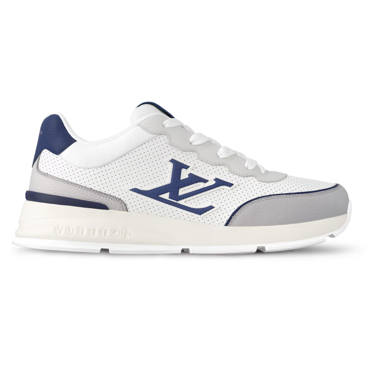 Louis Vuitton LV Runner White Perforated Leather & Grey Suede Oversized Deep Navy Blue LV Logo Athletic Low-Top Sneakers – White, Grey & Navy