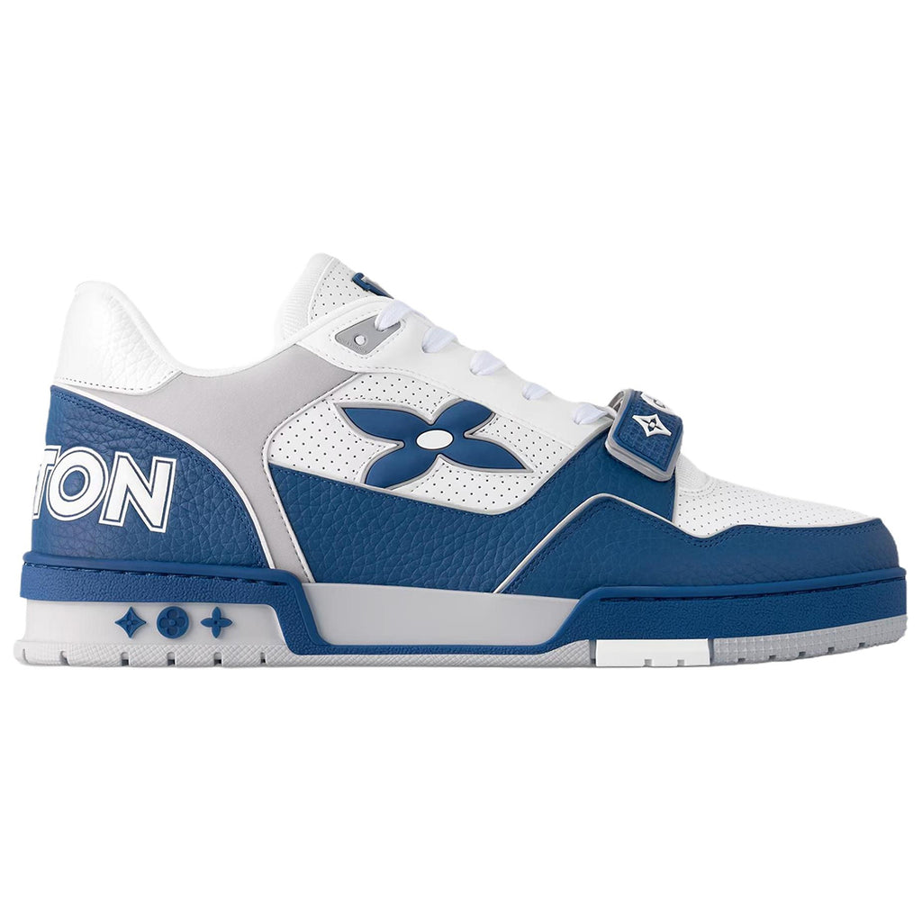 Louis Vuitton Trainer Velcro Strap Oversized LV Flower Perforated & Embossed Leather Low-Top Sneakers – Royal Blue, White & Grey