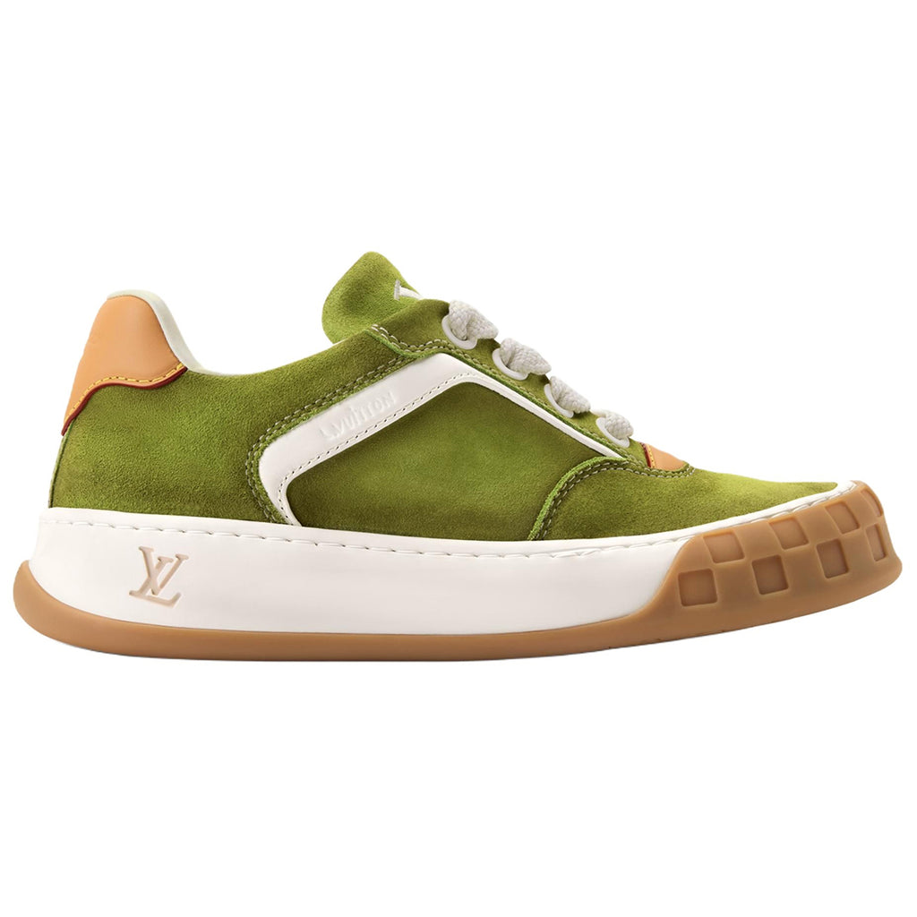 Louis Vuitton LV Ollie Olive Green Suede & White Leather Curved V-Stripe Caramel Tan Heel Accent Gum Checkered Sole Low-Top Sneakers – Olive Green, White & Caramel