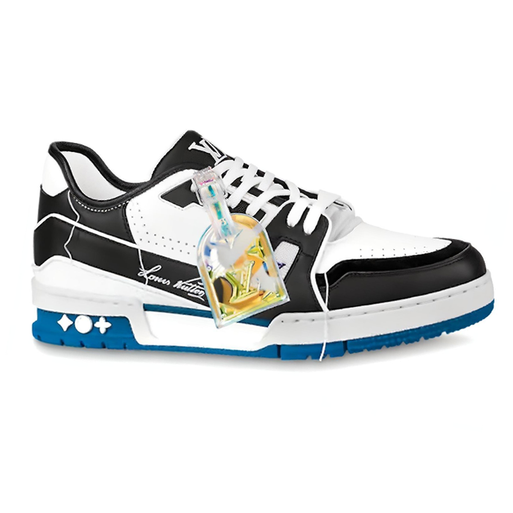 Louis Vuitton Trainer Leather Low-Top Sneakers – White, Black & Cobalt Blue with LV Holographic Charm