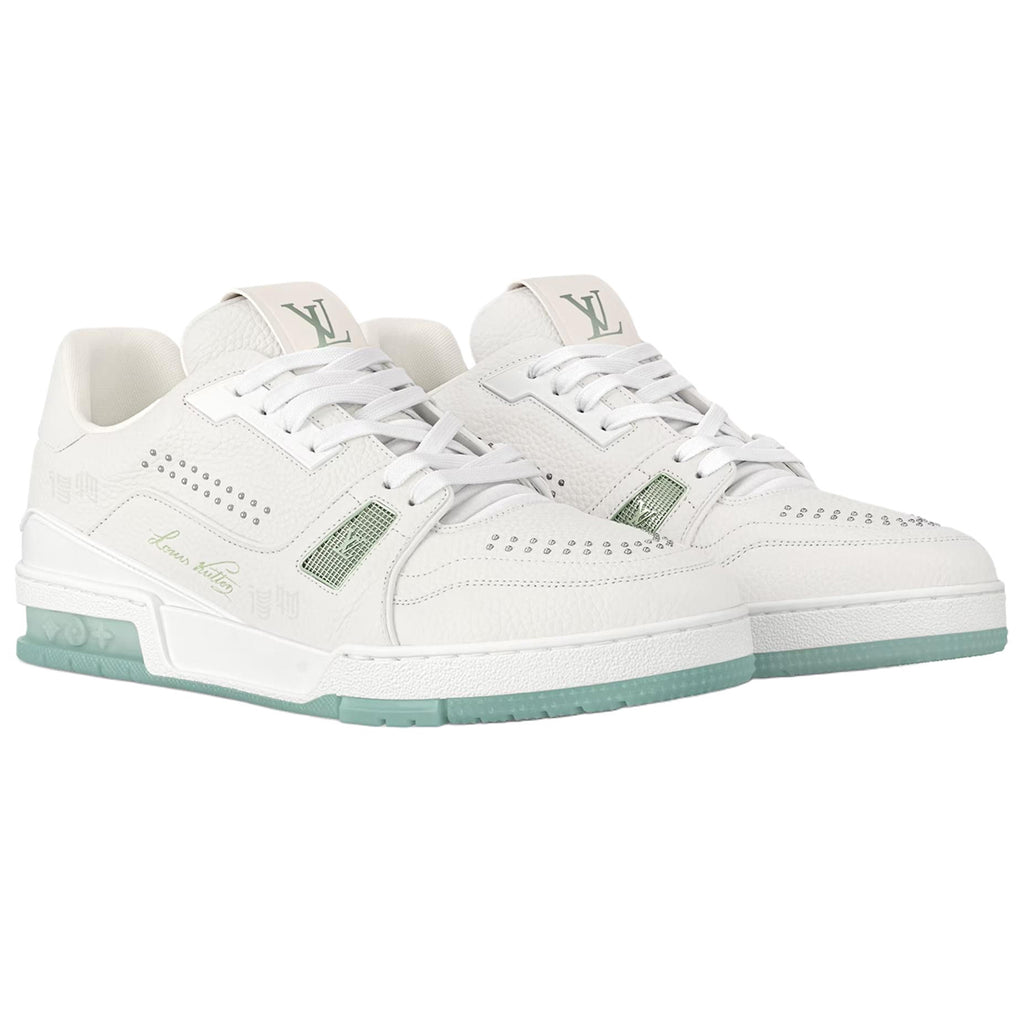 Louis Vuitton Trainer White Smooth Leather Silver Stud Embellishment & Sage Green Diamond Mesh Low-Top Sneakers – White & Sage Green
