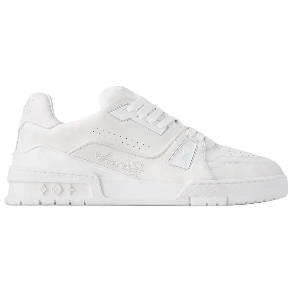 Louis Vuitton Trainer Vintage-Effect Calf Leather Tonal Low-Top Sneakers – Triple White