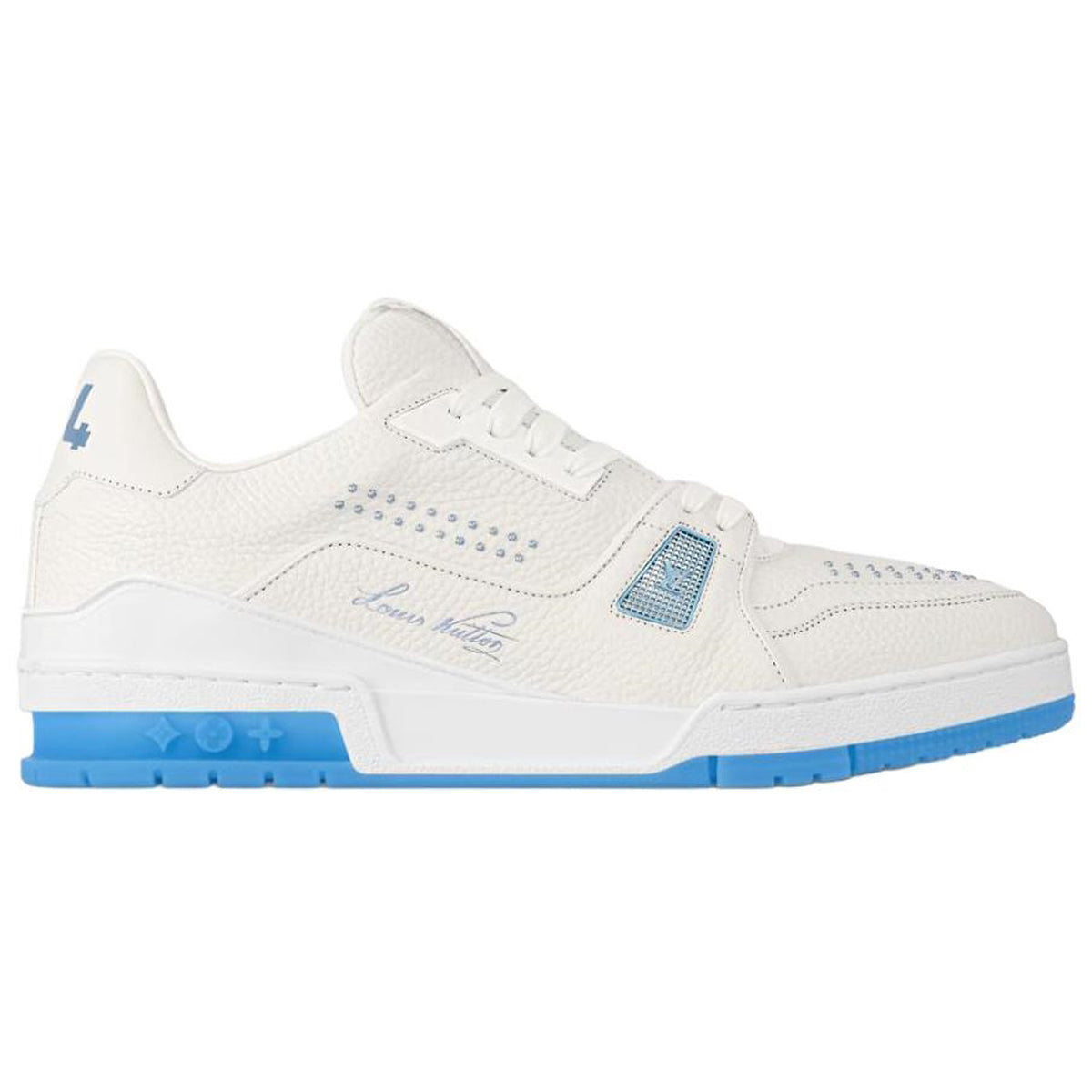Louis Vuitton Trainer White Smooth Leather Silver Stud Embellishment & Sky Blue Diamond Mesh Low-Top Sneakers – White & Sky Blue