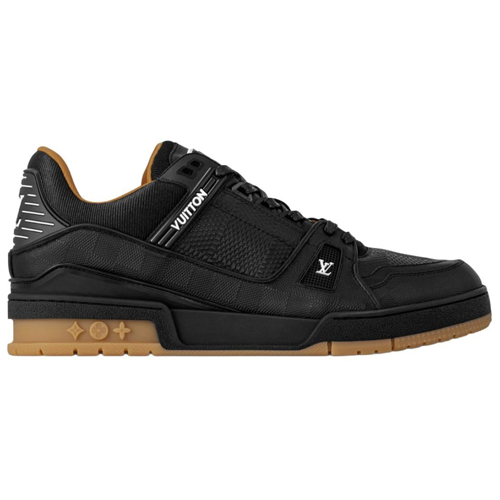 Louis Vuitton Trainer Tonal Black LV Monogram Embossed Leather & Gum Sole Low-Top Sneakers – Black & Caramel