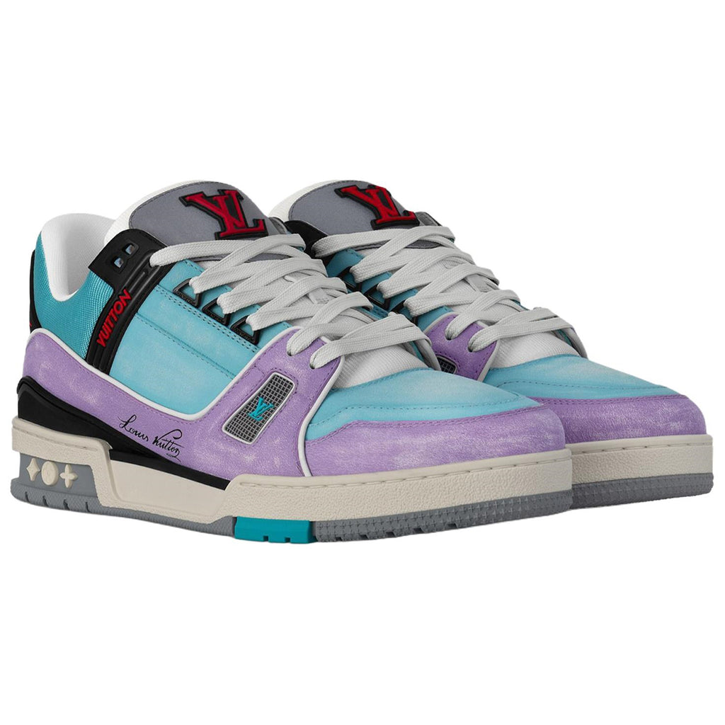 Louis Vuitton Trainer Script Signature Multicolor Patchwork Low-Top Sneakers – Aqua Blue & Lavender Purple